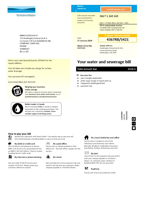 United Kingdom Yorkshire water business utility bill template in Word and PDF formats